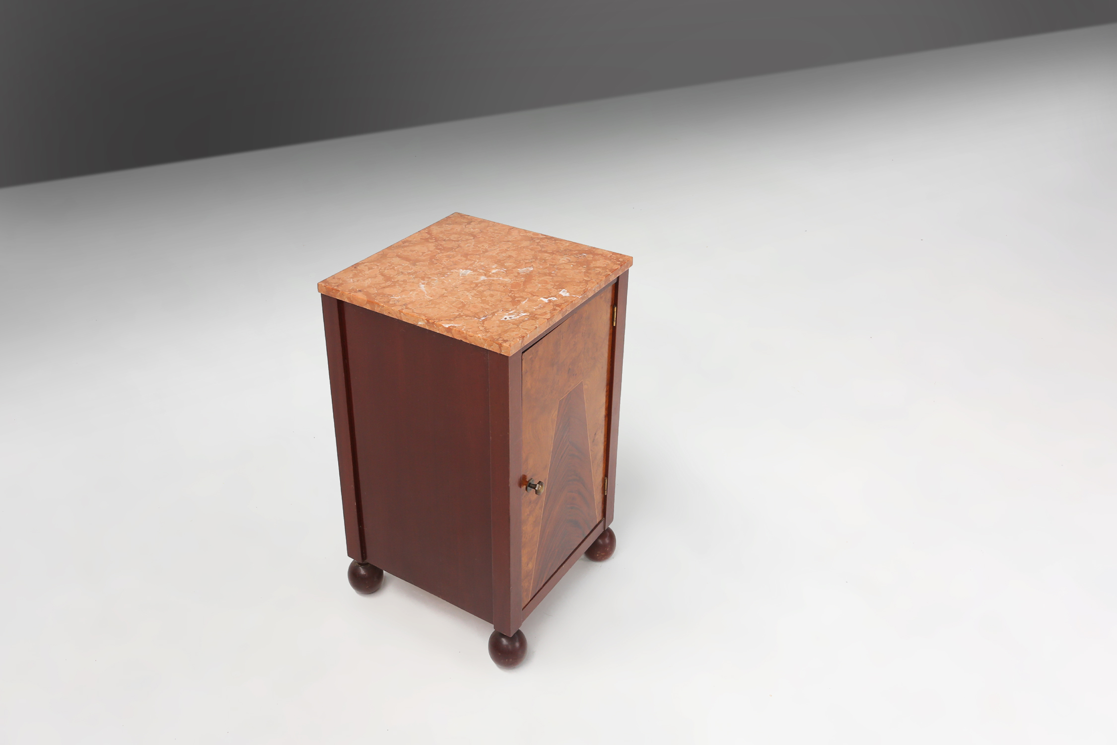 Art Deco nightstand with geometrical wooden inlay and marble top, France, 1930sthumbnail